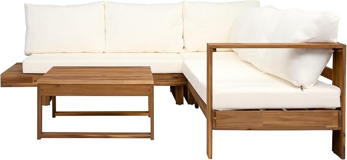Christopher Knight Home Tenny 5-Seater Acacia Wood Patio Furniture Set, Outdoor Conversation Corner Sofa Set with Club Chair+Coffee Table, Patio Sectional Chat Set for Backyard/Balcony, Teak+Beige