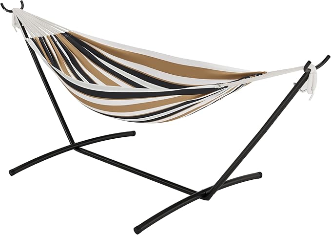 GAOMON Double Hammock with Steel Stand for Outside, Portable Space Saving, for Indoor Outdoor Patio w/Carrying Bag, 450 lbs Capacity - Coffee Stripes