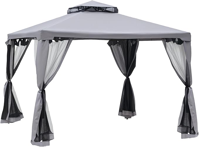 Outsunny 9.6' x 9.6' Patio Gazebo, Outdoor Canopy Shelter with 2-Tier Roof and Netting, Steel Frame for Garden, Lawn, Backyard, and Deck, Gray