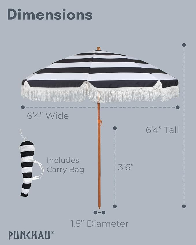6 Ft Fringe Patio Umbrella - Outdoor Umbrella for Patio, Pool, Table, Garden, Deck, Beach, and Outdoors - Fashionable Boho Vintage Tassels & Wood Print - Push Button Tilt Pole