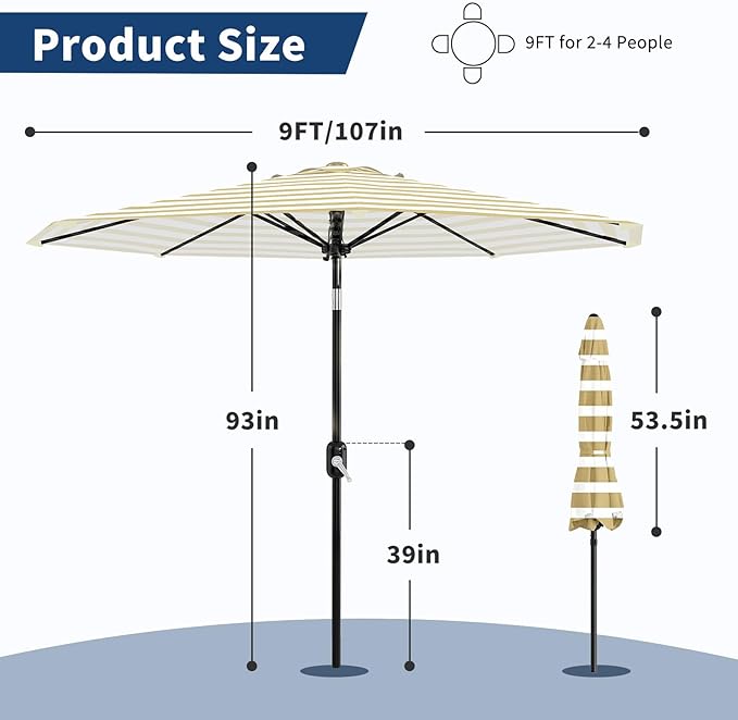 Garvee 9FT Outdoor Patio Umbrella 8 Sturdy Ribs Outdoor Table Umbrella with Crank Lift & Push Button Tilt - UV Protection Waterproof Market Umbrellas for Pool Deck Yard Garden, Tan & White Stripes