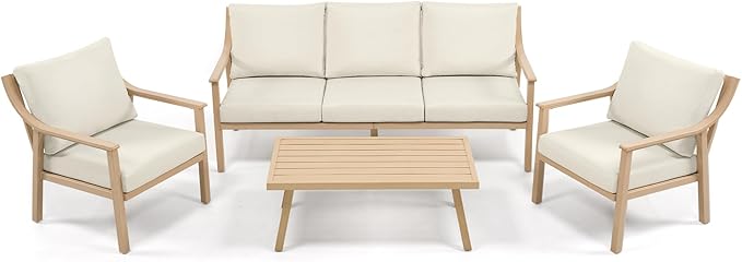 HAPPATIO 4-Piece Outdoor Patio Furniture Set for 5, Aluminum Outdoor Conversation Set Includes 1 Three-Seater Sofa, 2 Armchairs, and 1 Coffee Table, Perfect for Porch, Deck, Garden, (Beige)
