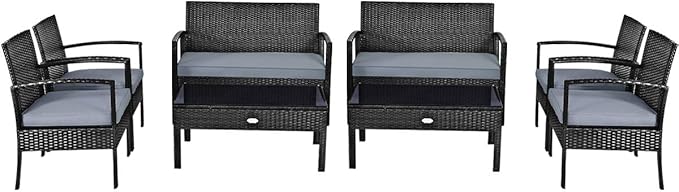Tangkula 8-PCS Wicker Patio Conversation Furniture Set, Outdoor Rattan Chair and Table Set, Patio Furniture Sets with Coffee Table & Washable Cushions for Courtyard Balcony Garden (2, Black)