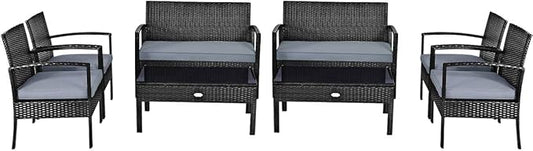 Tangkula 8-PCS Wicker Patio Conversation Furniture Set, Outdoor Rattan Chair and Table Set, Patio Furniture Sets with Coffee Table & Washable Cushions for Courtyard Balcony Garden (2, Black)