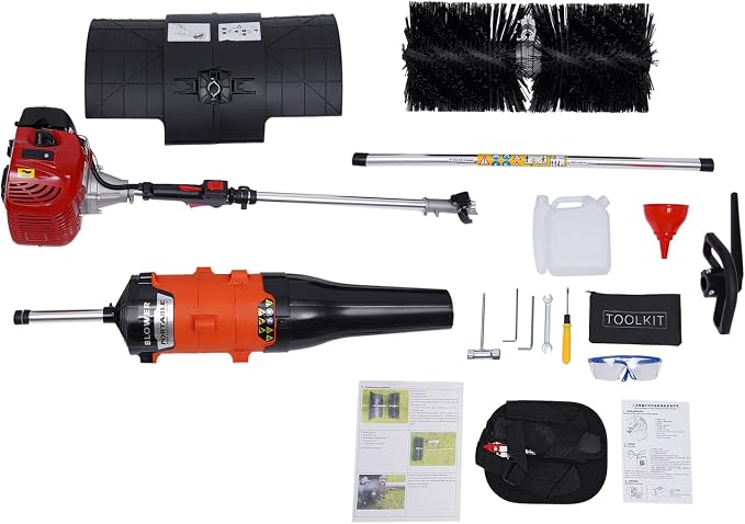 2.3HP Handheld Sweeper 52CC 2 Stroke Gasoline Power Sweeper Outdoor Sweeping Broom Walk Behind Sweeper Cleaner with a Blower Artificial Turf Lawns Driveway Cleaning Tool
