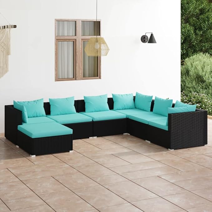 Patio Lounge Set with Cushions,Outdoor Table and Chairs Set,Terrace Conversation Set Furniture,Outdoor Furniture,for Garden,Backyard,7 Piece Poly Rattan Black