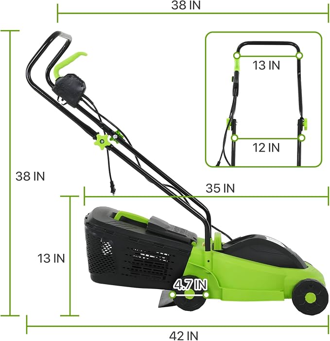 Electric Lawn Mower Corded Push Mower with 12 Amp, 13 Inch Lawnmower with 3 Adjustable Cutting Heights and Collection Box Included for Yard, Lawn and Garden Care
