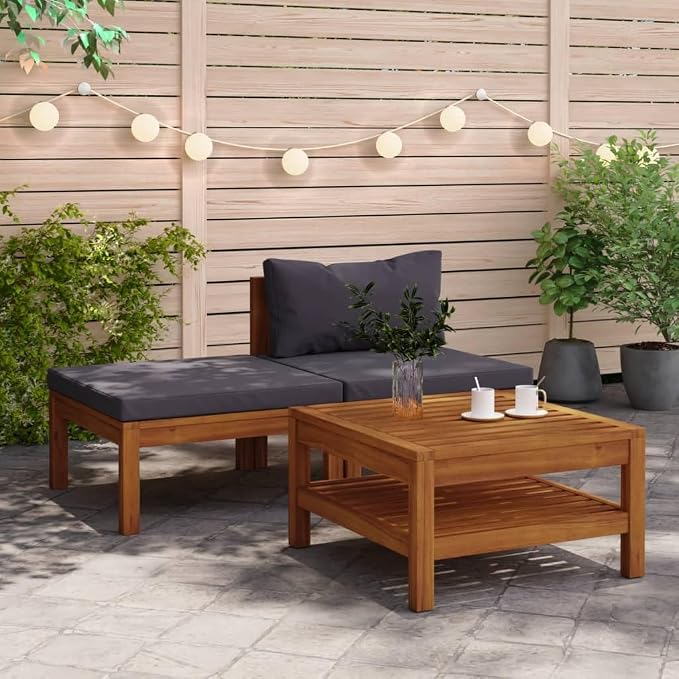 3 Piece Patio Conversation Sofa Set with Dark Gray Cushions, Acacia Wood Patio Furniture Set with Middle Sofa, Coffee Table, Footrest for Porch, Deck, Backyard,-419