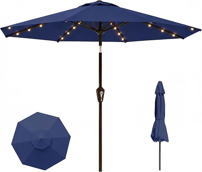 11FT Solar Lighted Patio Umbrella, Outdoor Table Market Umbrellas with Crank Lift, 32 LED Lights, 8 Sturdy Ribs, UV-Resistant for Deck, Garden, Pool