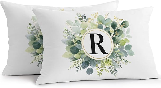 Letter R Waterproof Outdoor Pillow Covers Set of 2 Home Decor, Alphabet Green Eucalyptus Leaves Lumbar Pillowcase Patio Pillow Covers for Couch Bench Patio Furniture Garden 20x12in