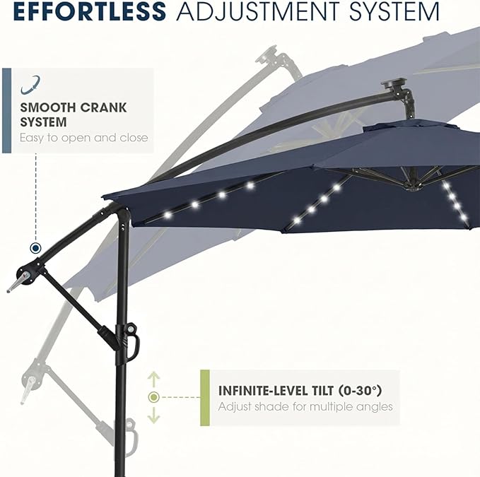 wikiwiki 10ft Solar Offset Patio Umbrella, Outdoor Cantilever Patio Umbrellas with Solar LED Lights for Backyard, Poolside and Garden, Easy Tilt Adjustment, 32 LED Lights & Polyester Shade, Navy Blue
