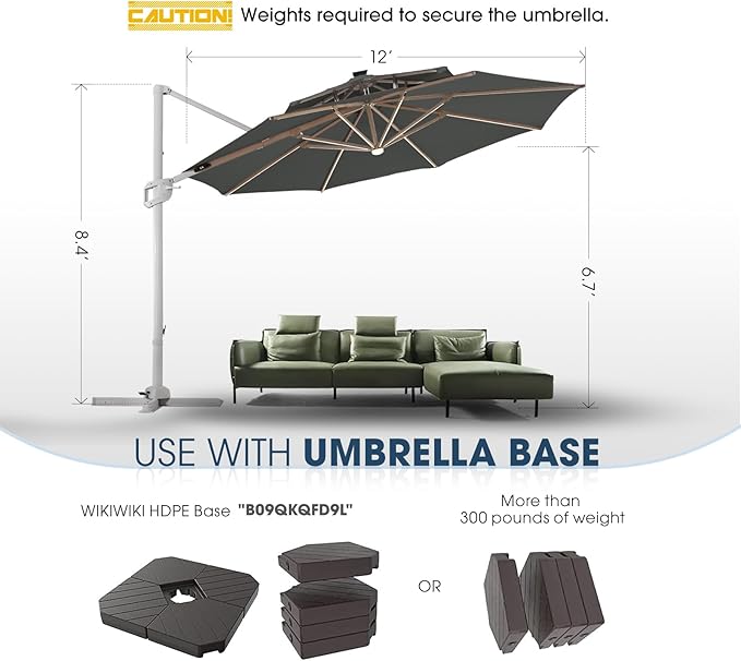 wikiwiki 12FT 2 Tiers Cantilever Patio Umbrella with Solar Lights, Offset Umbrella Outdoor Patio with 360 Rotation and Unlimited Tilting System, Heavy Duty Umbrella with Cross Base, Grey