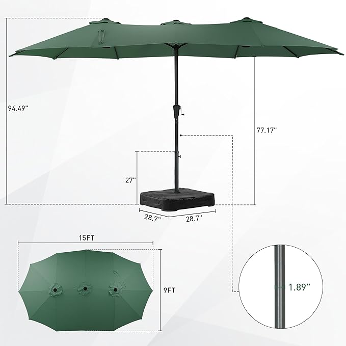 15 ft Patio Umbrella with Base, Large Rectangle Outdoor Umbrella with Matching Stand, Strap, Crank, Green