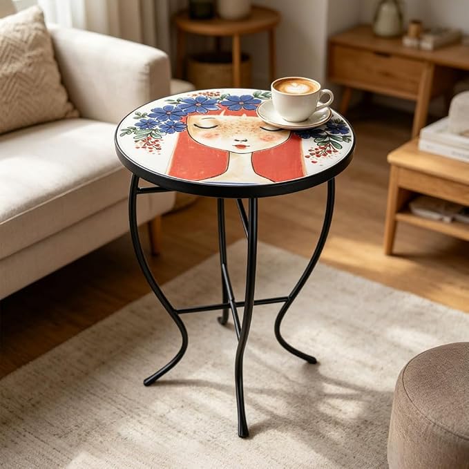 14 Inch Mosaic Patio Side Table with X-Curved Legs, Indoor Outdoor Accent Round End Table with Ceramic Tile Tops for Yard, Garden, Living Room, Bistro, C - Red Hair Girl