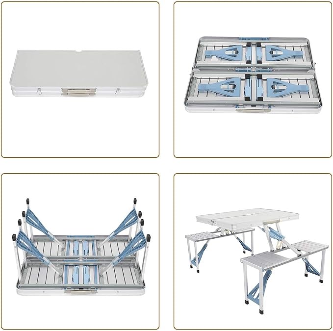 Picnic Table,Folding Picnic Table with Umbrella Hole, Aluminum Suitcase Portable Outdoor Table with Bench, Patio, Porch or Camping Table and Chair Set (Silver, Aluminum Alloy)