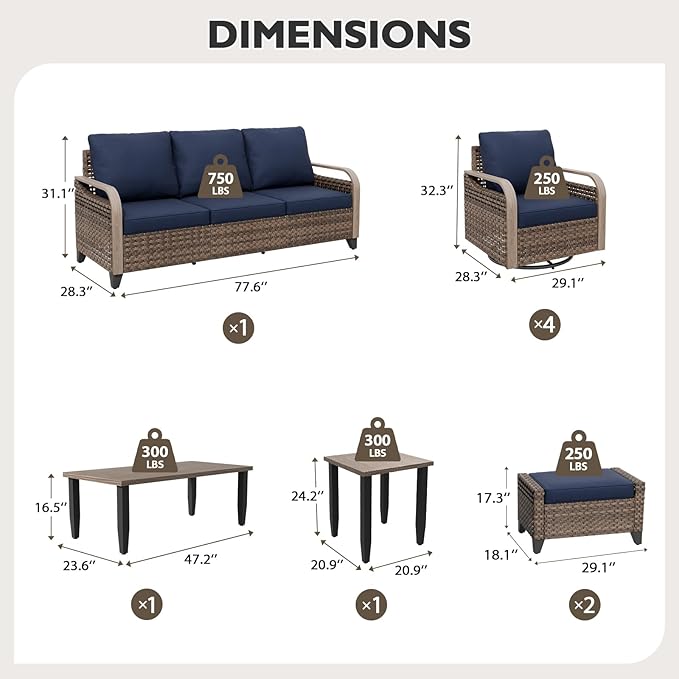 EAGLE PEAK Modern Wicker Outdoor Patio Furniture Set, Patio Conversation Set, 4 Swivel Rocker Chairs, 3-Seat Loveseat, 2 Ottomans, Coffee Table and Side Table, 9 Pieces, Brown/Blue