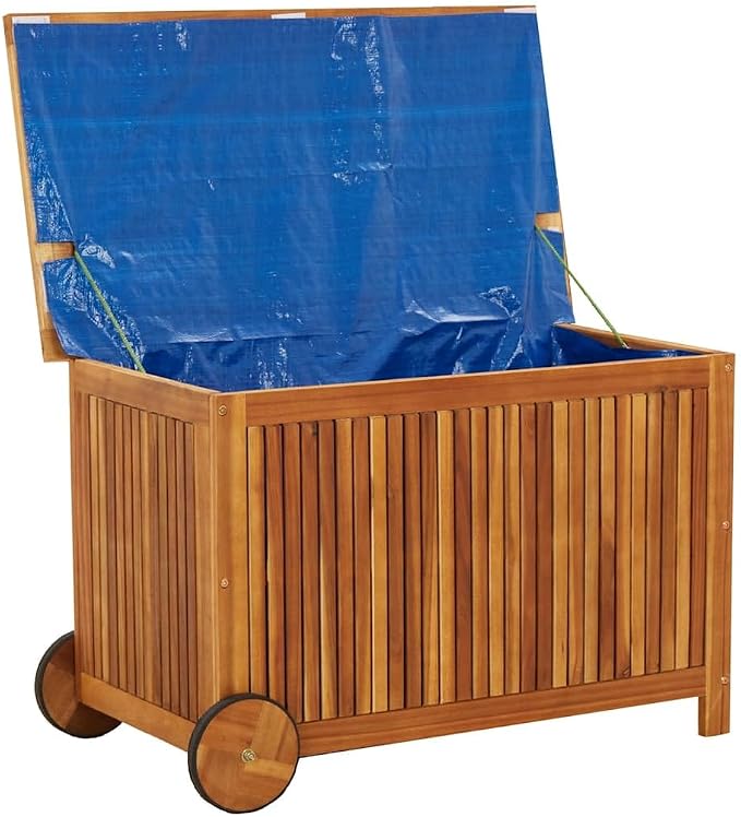 Patio Storage Box with Wheels Solid Wood Acacia 35.4"x19.7"x22.8" Outdoor Deck Cushion Container Chest Weather Resistant Lockable Pool Toy Organizer