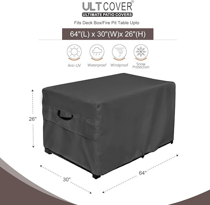 ULTCOVER Patio Deck Box Storage Bench Cover - Waterproof Outdoor Rectangular Fire Pit Table Covers 64 x 30 inch, Black