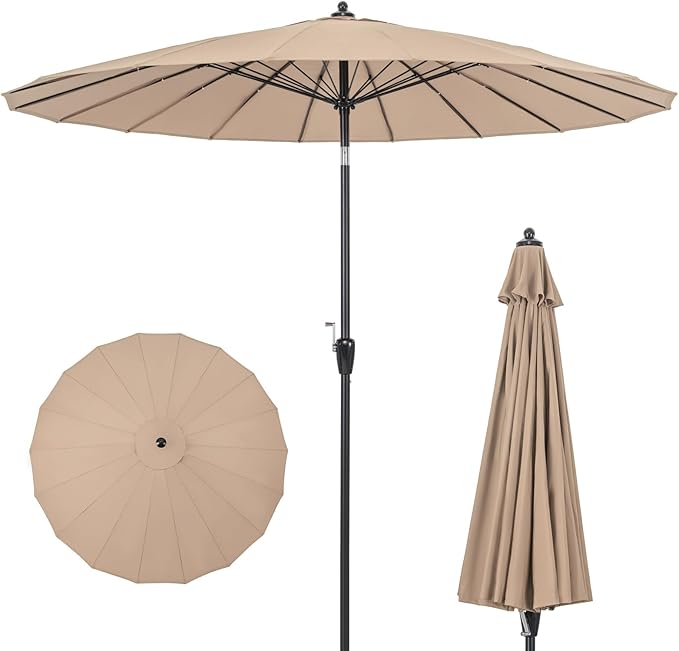 Tangkula 9FT Round Patio Umbrella, Outdoor Market Umbrella with 18 Fiberglass Ribs, Push Button Tilt, Crank, Fade-resistant Canopy & Ventilation, Aluminum Table Umbrella for Backyard, Pool (Tan)