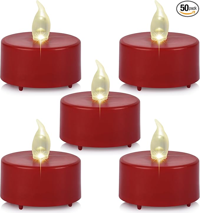 Battery Operated Tea Lights Candles,Flameless Led Electric Fake Candle, 50 Pack Realistic Flickering Votive Tealights, Long Lasting 200+Hours, for Wedding Party Home Decoration (Red)