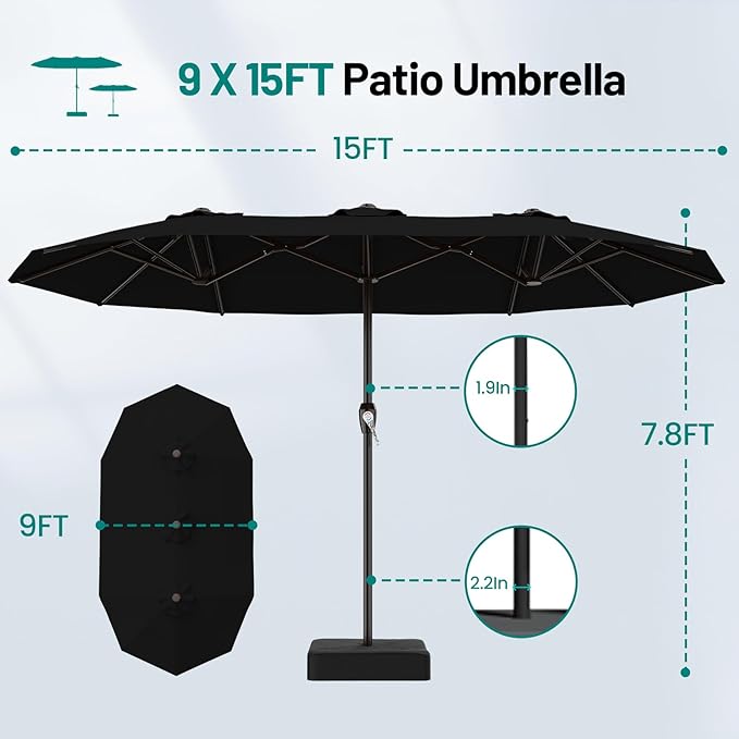 AreShark 15ft Patio Umbrella with Base, Double Sided Outdoor Umbrella with 12 Fiberglass Ribs, Large Outdoor Umbrella for Garden, Pool, Deck, Backyard & Market, Black