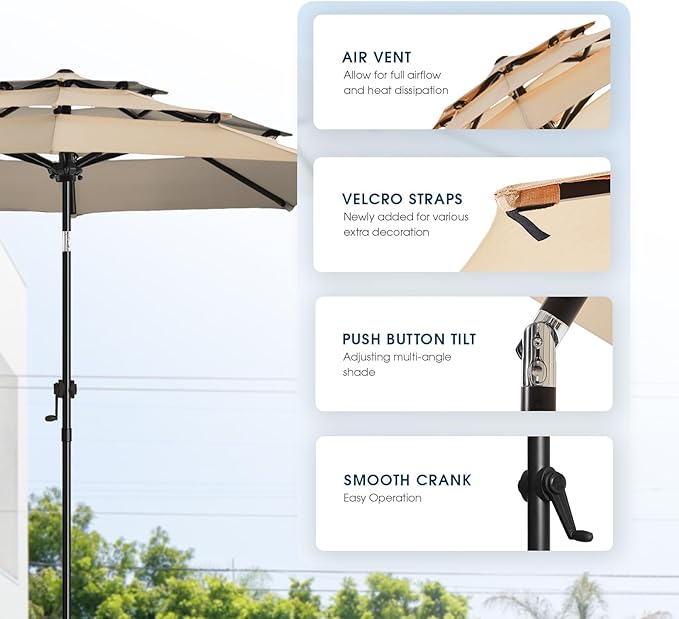 wikiwiki 10ft 3-Tier Patio Umbrella Outdoor Table Market Umbrella for Patio with Push Button Tilt/Crank, Fade Resistant Waterproof POLYESTER Canopy for Garden, Lawn, Deck, Backyard & Pool, Beige