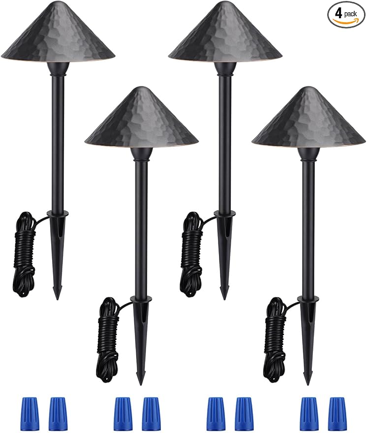 LEONLITE LED Low Voltage Landscape Path Light, 3W 12-24V AC/DC, Pathway Lighting Wired, Outdoor Light for Yard Lawn, ETL CRI90+ Unique Vintage Golden Edge, Black Aluminum, 3000K Warm White, Pack of 4