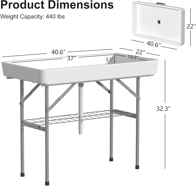 4 Foot Ice Cooler Folding Table, Party Ice Tables with Drain and Detachable White Skirt, Large Plastic Cooler Table to Keep Drinks Cool for Weddings, Outdoor, Picnics, Pool, Camping, BBQ, White