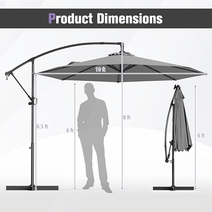 Tangkula 10 FT Patio Offset Umbrella, Hanging Cantilever Umbrella w/X-shaped Base & 360° Rotation, Smooth Crank Handle, Vented Top, Outdoor Market Umbrella for Backyard, Deck (Grey)