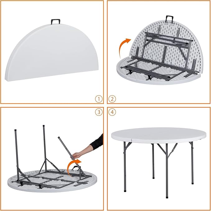48 Inch Round Folding Table, Heavy Duty Folding 4FT Plastic Table for Outdoor Indoor, Metal Frame Thick Table Top Camping Picnic Table, White (48 inch)