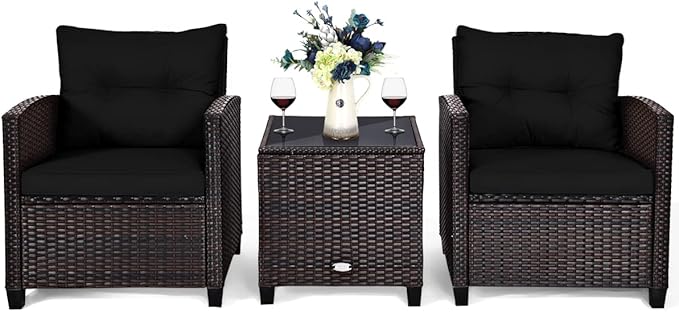 AUGESTER 3 PCS Patio Furniture Set, Outdoor PE Rattan Wicker Conversation Sofa Set w/Washable Cushion and Tempered Glass Tabletop, All Weather Chat Sofa for Garden Poolside Balcony Porch (Black)