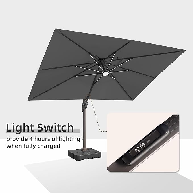 9 X 12 FT Cantilever Outdoor Patio Umbrella with Base Included Large Heavy Duty 360° Rotation Double Top Offset Rectangular Umbrellas with LED Lights for Backyard Outside Deck, Grey