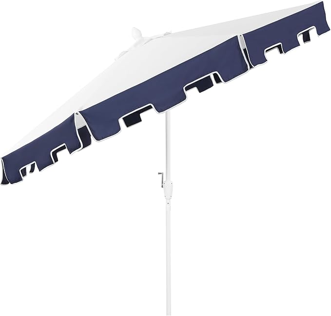 JONATHAN Y Baiona 9 ft. White/Navy Outdoor Patio Umbrella with Crank Lift and Tilt, 8 Ribs UV-Resistant Market Table Umbrella with Square Trim for Pool, Deck, Coastal, White Pole UMB1000A