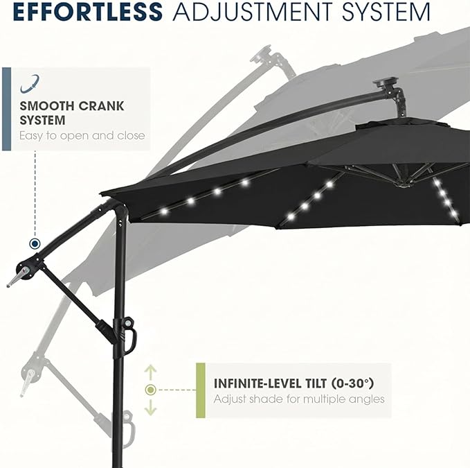 wikiwiki 10ft Solar LED Offset Patio Umbrella, Outdoor Cantilever Patio Umbrellas with Solor Lights for Backyard, Poolside and Garden, Easy Tilt Adjustment, 32 LED Lights & Polyester Shade, Black