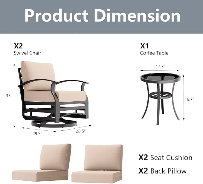 Outdoor Patio Furniture Set, 3 Piece Aluminum Metal Chairs Swivel Rocker, Overstuffed Washable Cushions Bistro Set for Porch, Balcony, Deck, Garden