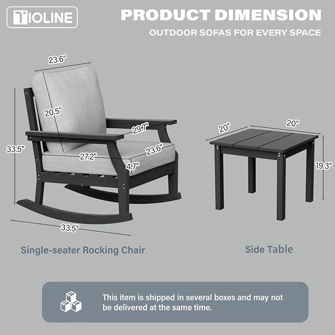 HDPE Patio Conversation Set, 3-Piece All Weather Outdoor Furniture Set with 2 Rocking Sofas for Deck, Lawn, with Cushion, Black