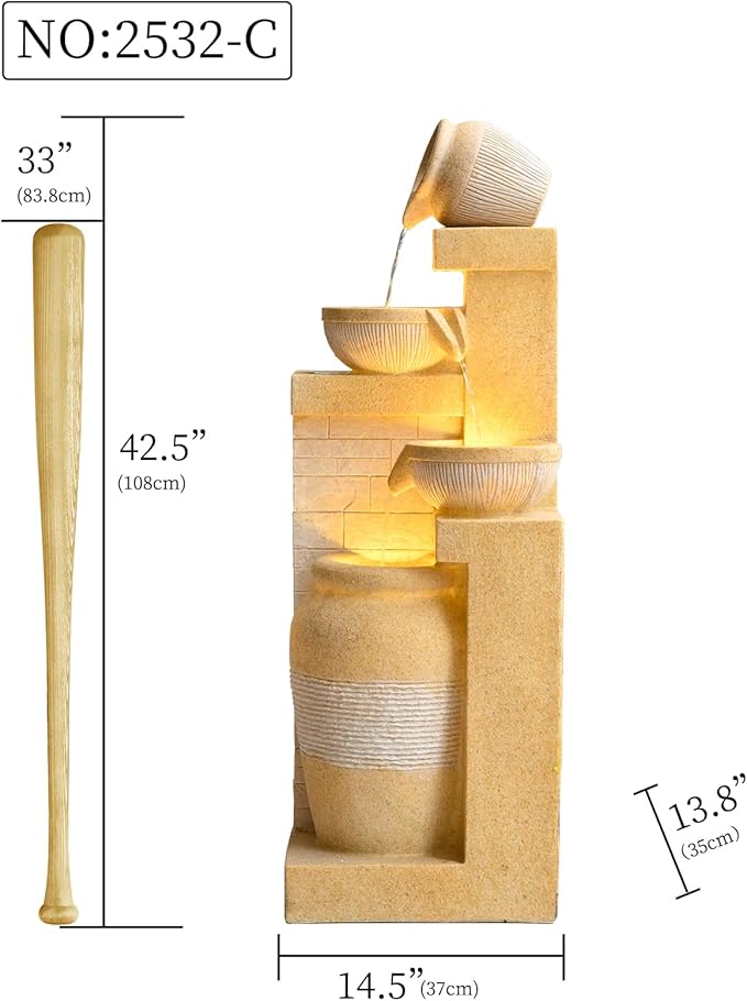 42.52" 4-Tier Outdoor Garden Water Fountain, Floor-Standing Cascading Waterfall with LED Lights, Rustic Pot Water Feature for Patio, Backyard, Deck, Porch, Indoor Outdoor Home Decor