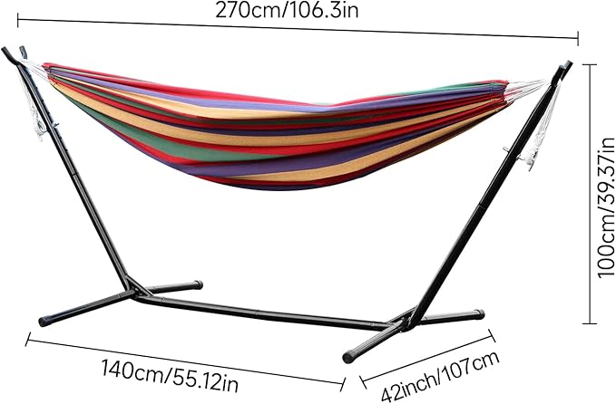 Basics Double Hammock with Space Saving Metal Stand, Indoor Hammock Stand with Carrying Bag, Hammock Stand Combo, Striped Print, 200KG Bearing