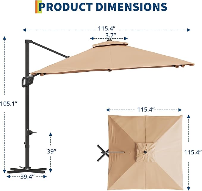 10x10 ft Double Roof Square Cantilever Patio Umbrella with Solar LED Lights & Cross Base – 360° Rotation, Heavy-Duty Sun Shade with Easy Tilt for Backyard, Poolside, and Garden Use, Navy Blue