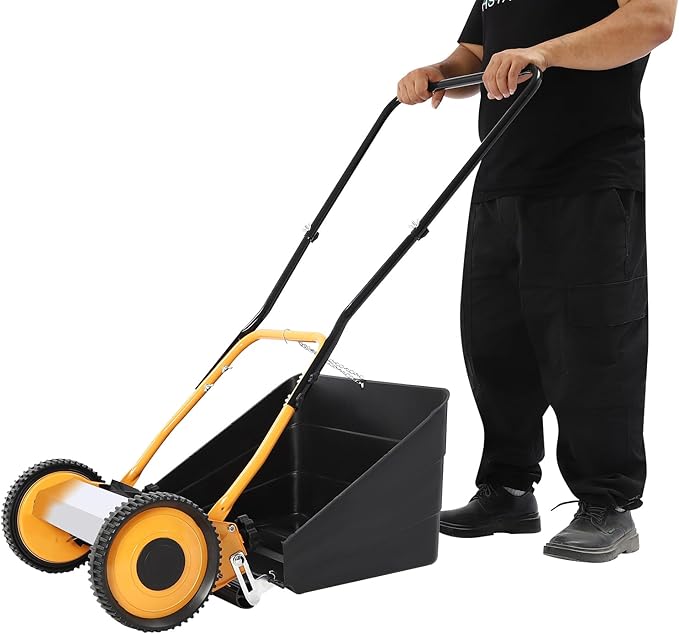 14" Lawnmower, 5 Blade Wheeled Lawn Mower with 0.47-1.65 in Adjustable Mowing Height Hand Push Lawn Mowers with Grass Catcher for Leaves and Grass