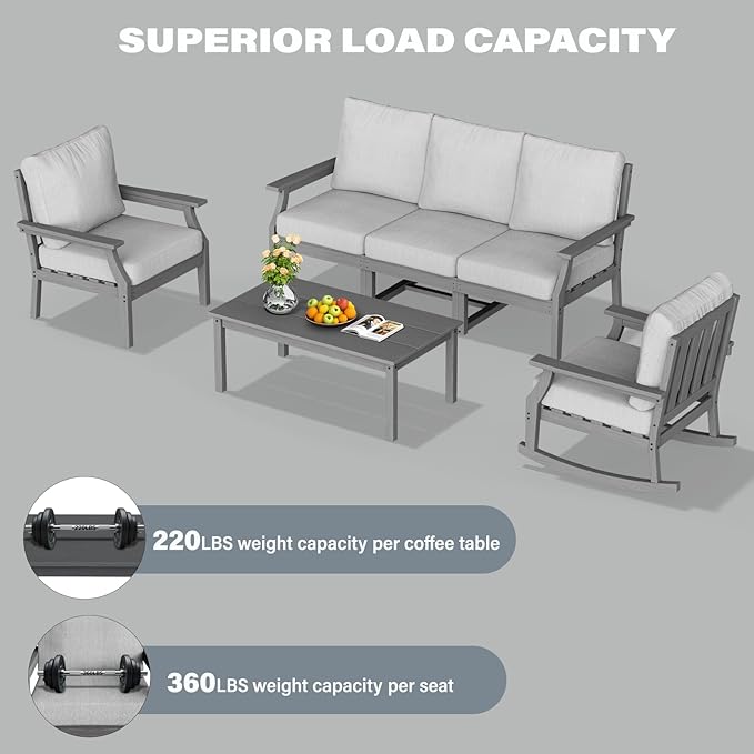 HDPE Patio Conversation Set, 6-Piece All Weather Outdoor Furniture Set with 1 Single Rocking Armchairs for Deck, Lawn, with Cushion, Gray