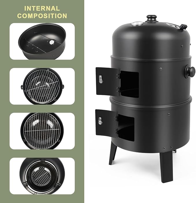 Charcoal BBQ Smoker, 16 Inch Heavy Duty Grill with 2 Cooking Area and Thermometer, 4 In 1 Vertical Smokers Grill for Outdoor Camping Backyard Picnic Party