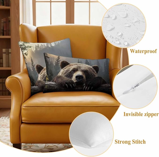 Bear Outdoor Pillow Covers 26"x26" Set of 2, Animal Wood Fence Forest Farmhouse Waterproof Throw Pillow Covers for Patio Furniture, Decorative Cushion Covers for Porch