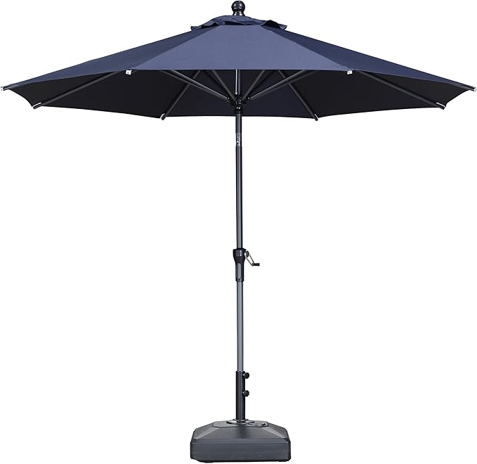 PURPLE LEAF 9' Round Patio Market Umbrella with Base Outdoor Table Umbrellas Aluminum Frame Sun Shade with 8 Sturdy Ribs Tilt for Garden Deck Lawn Pool Navy Blue