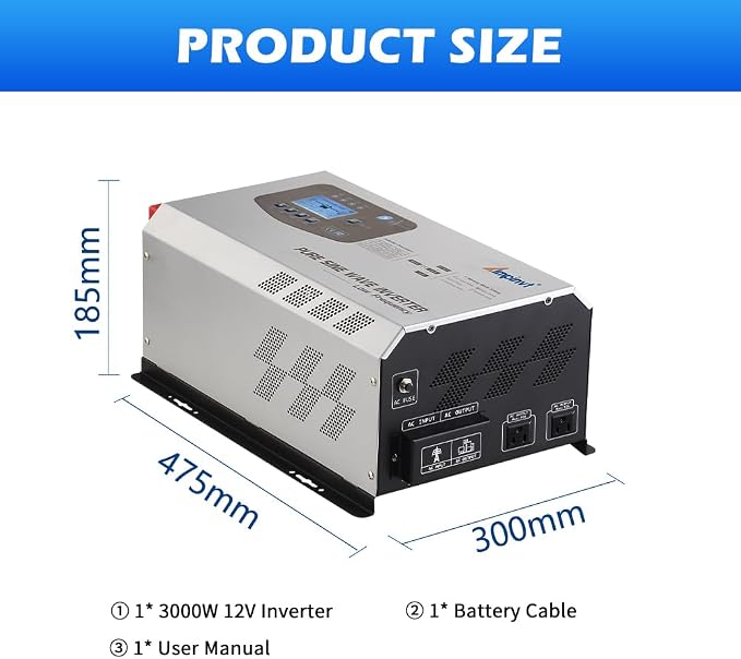 Ampinvt 3000W Peak 9000W Pure Sine Wave Inverter,12V DC to 120V AC Output with Battery AC Charger for Off-Grid Solar RV Boat Home,Support Sealed Gel AGM Flooded Lithium Battery