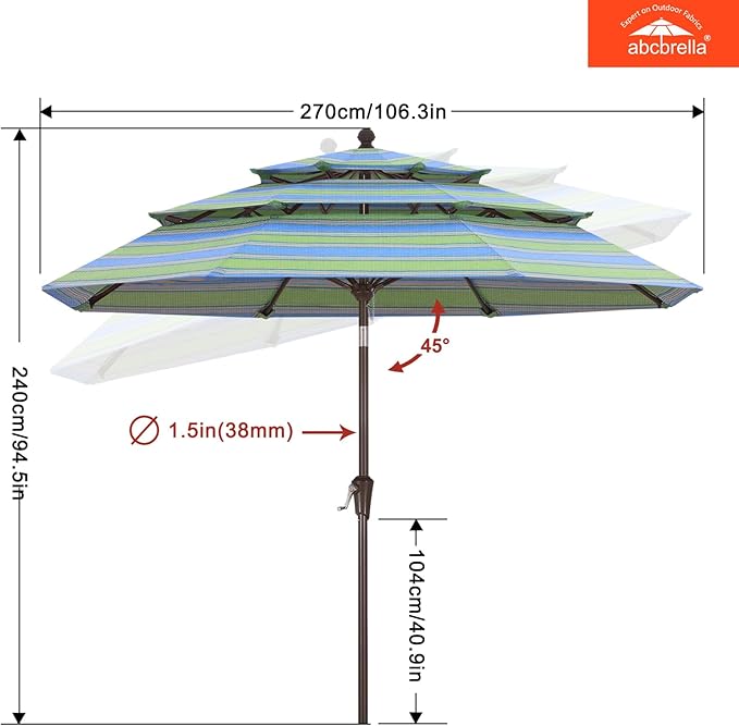 ABCCANOPY 5-Year 10-Year No Fading 9FT 3 Tiers Patio Umbrella, Outdoor Table Umbrella with 8 Sturdy Ribs for Deck, Backyard, Garden, Yard
