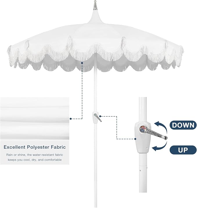 7.5ft Pagoda Patio Umbrella with Fringe, UPF50+ Tassel Umbrella with Crank & Fiberglass Ribs, Holiday Outdoor Umbrella for Garden Pool Lawn Yard Table