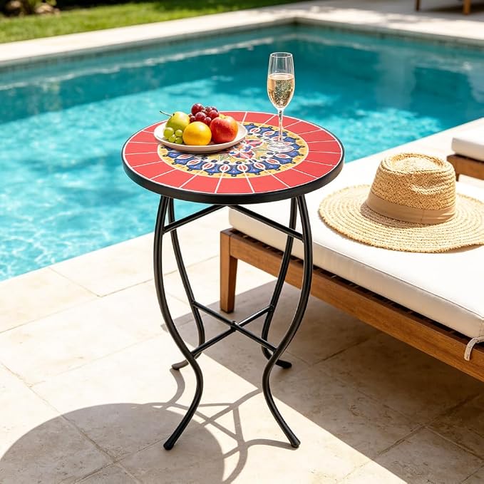 Mosaic Outdoor Side Table Small Round Patio Table Plant Stand | 21" Accent End Table with 14" Ceramic Tile Top for Small Spaces Porch Pool Garden Decor Indoor Living Room Bedroom Balcony