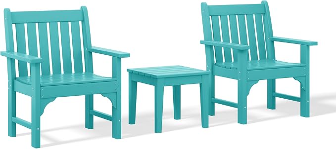 Costaelm 3 piece Patio Set, Outdoor Table and Chairs Set of 3, 3-Piece HDPE Garden Chair with Square Adirondack Side Table, Porch Chairs Coffee Table for Outside Porch Backyard, Turquoise