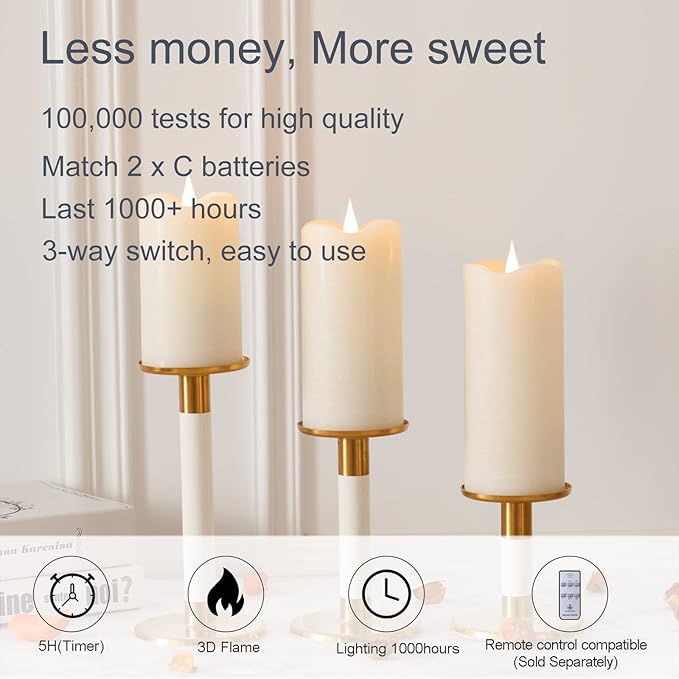 TECHLONG Flickering Flameless Candles with 3D Moving Flame, Last 1000+ Hours Battery Operated Candles with Timer, Ivory Real Wax Pillar Electric LED Candle for Wedding Christmas Party/3" x 6"